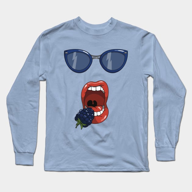 Mouth about to eat a blueberry while wearing matching blue sun glasses. Long Sleeve T-Shirt by Fruit Tee